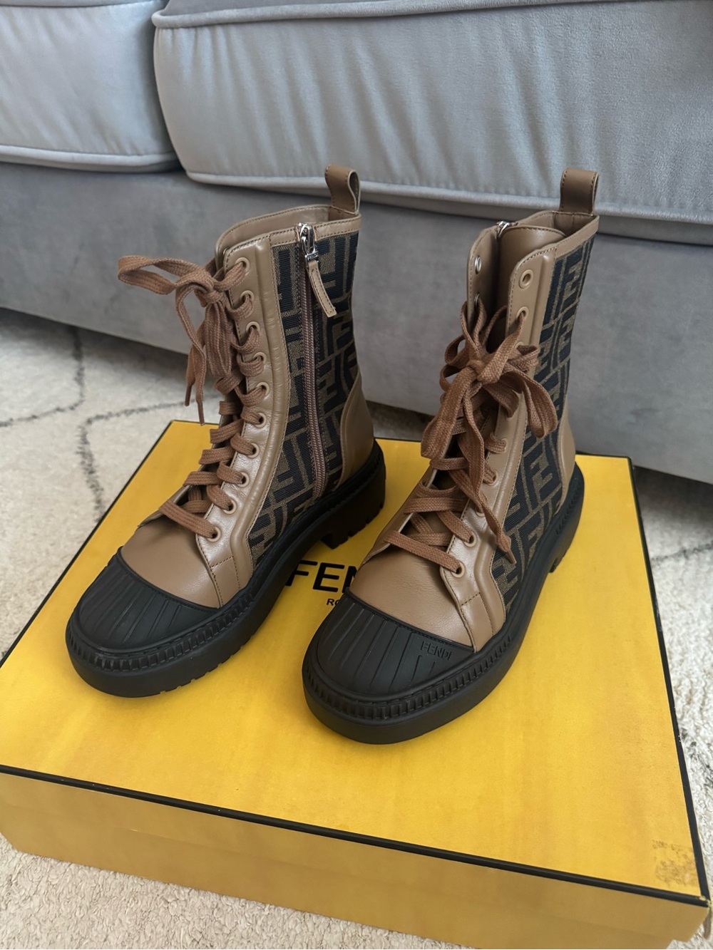 Fendi Brown & Black Logo Combat Boots